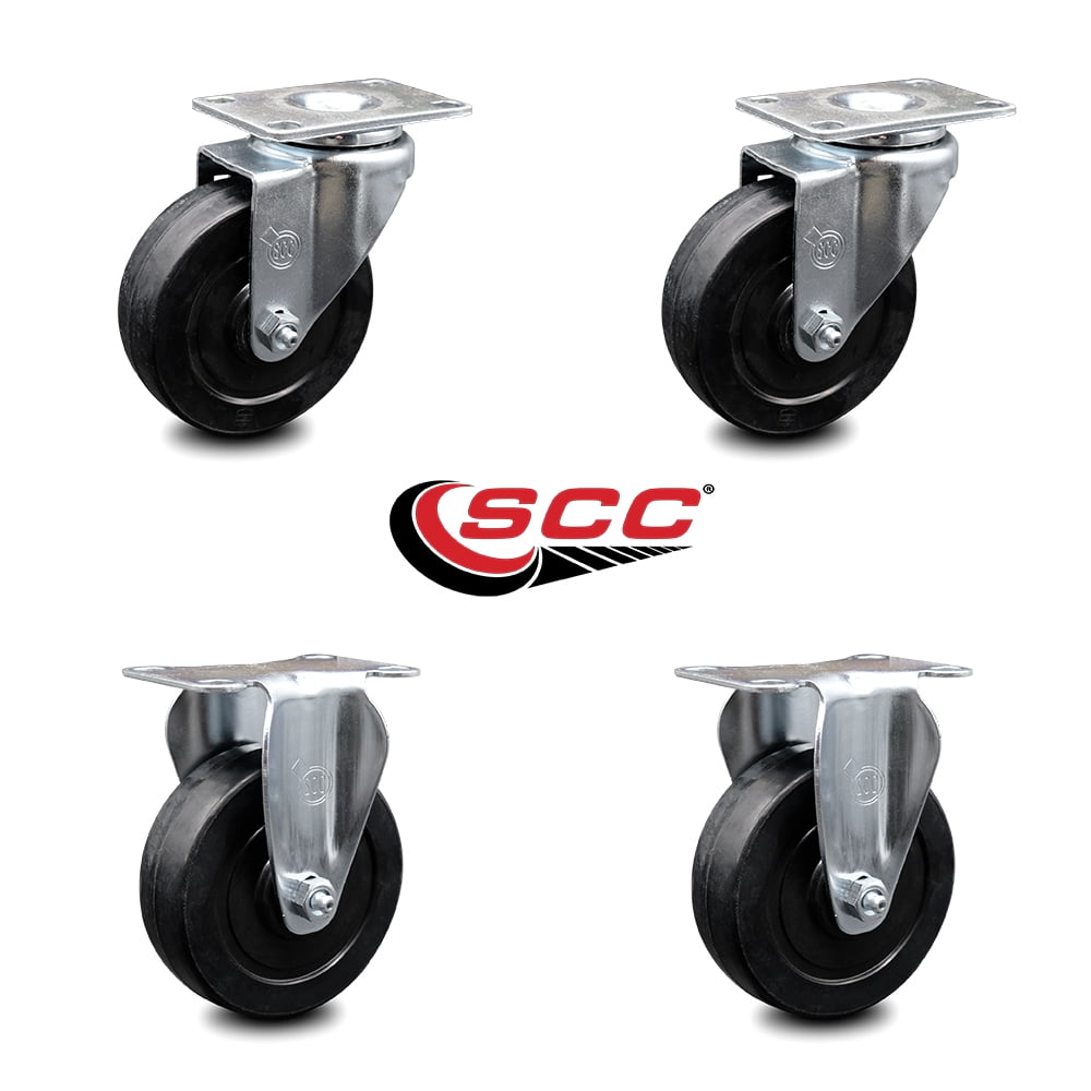 4 Inch Soft Rubber Wheel Swivel Top Plate Caster Set with 2 Rigid Service Caster