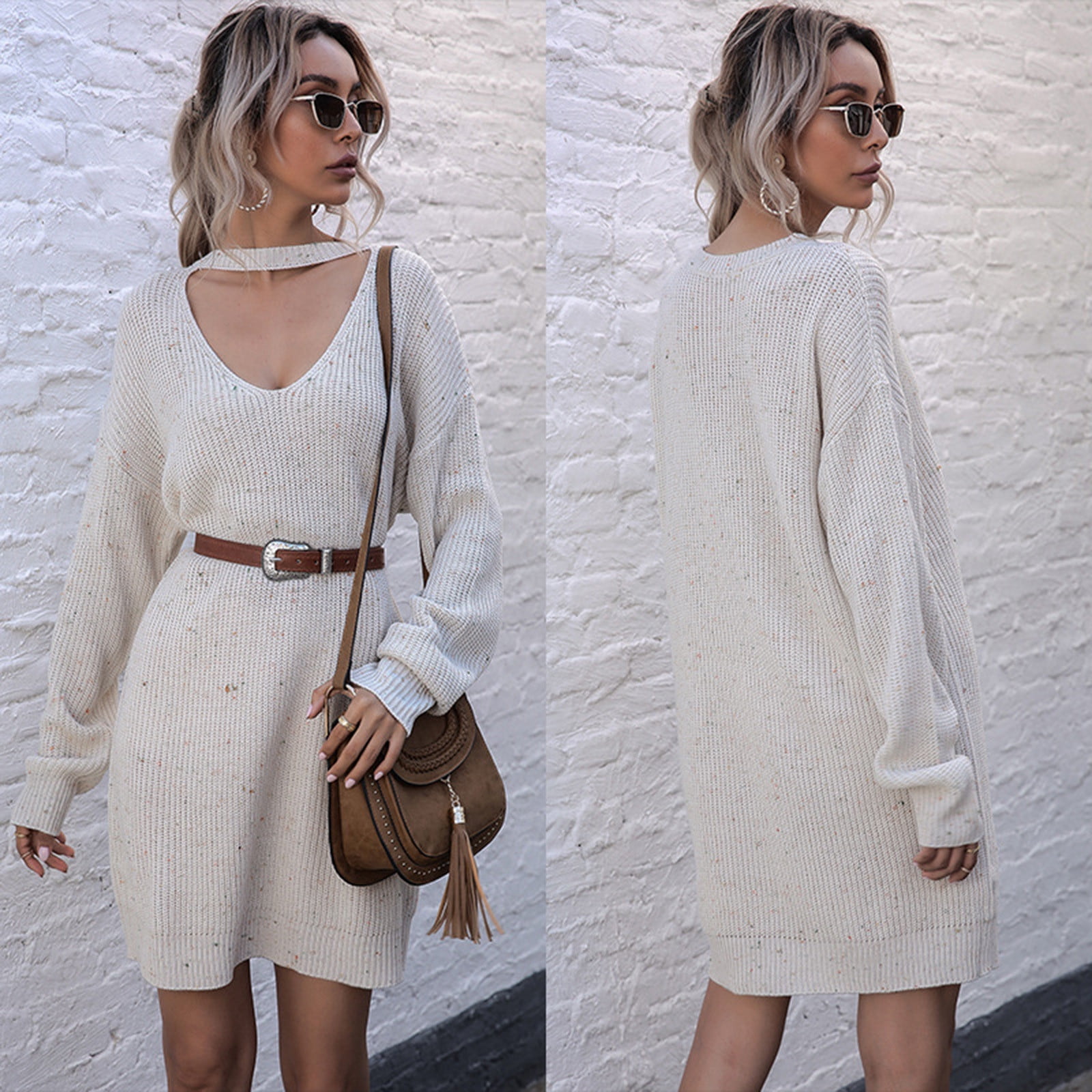 Women Fall Cable Knit Sweater Dresses 
