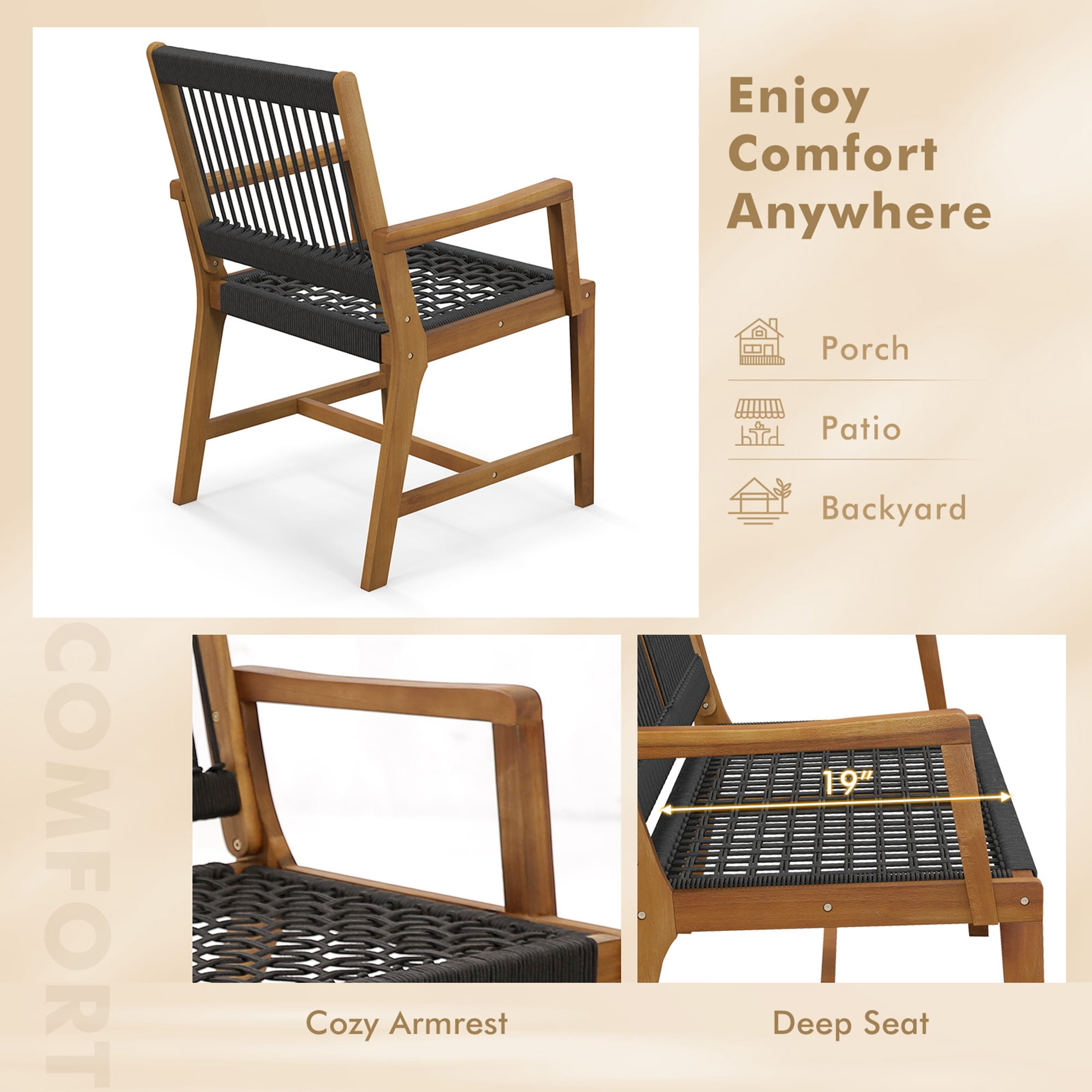 Costway Patio 2pcs Acacia Wood Dining Chairs All-Weather Rope Woven Armchairs Outdoor