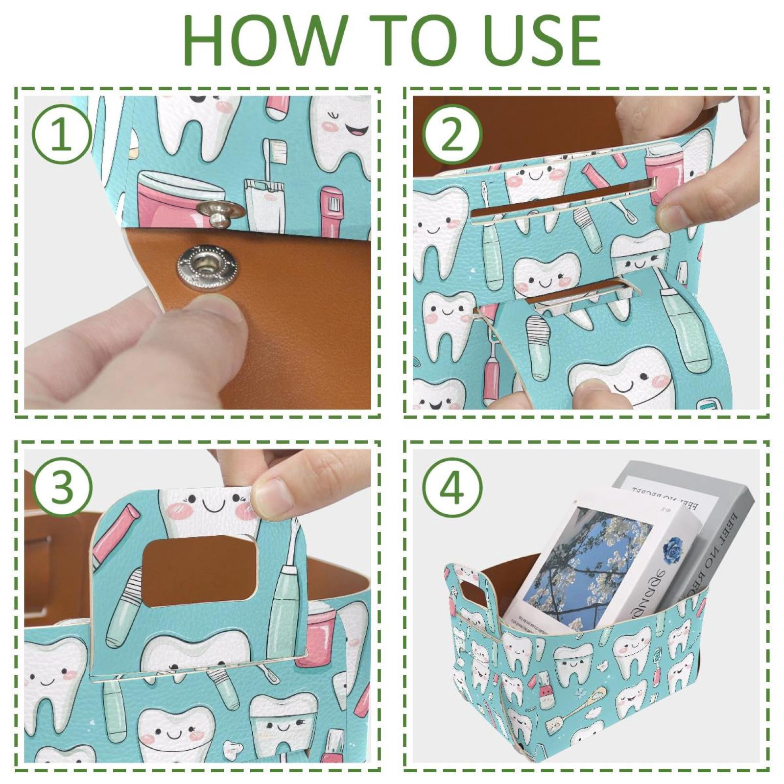 Cartoon Teeth Storage Basket Collapsible Storage Bin, PU Foldable Basket Convenient Box Storage Organizer with Handles for Shelves Office Bedroom Closet Nursery Toys Laundry