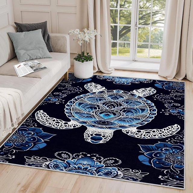 2x3 Rug, Sea Turtle Door Mat Washable Non Slip Soft for Entryway, Navy Blue Ocean Animal Rug, Sea Marine Life Carpet, Sea Turtle Home Decor & Gifts