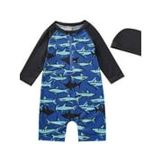 Toddler Boys Swimsuit Set One Piece Zip Swimwear Sunsuit Animal Printed Bathing Suit with Hat Beachwear