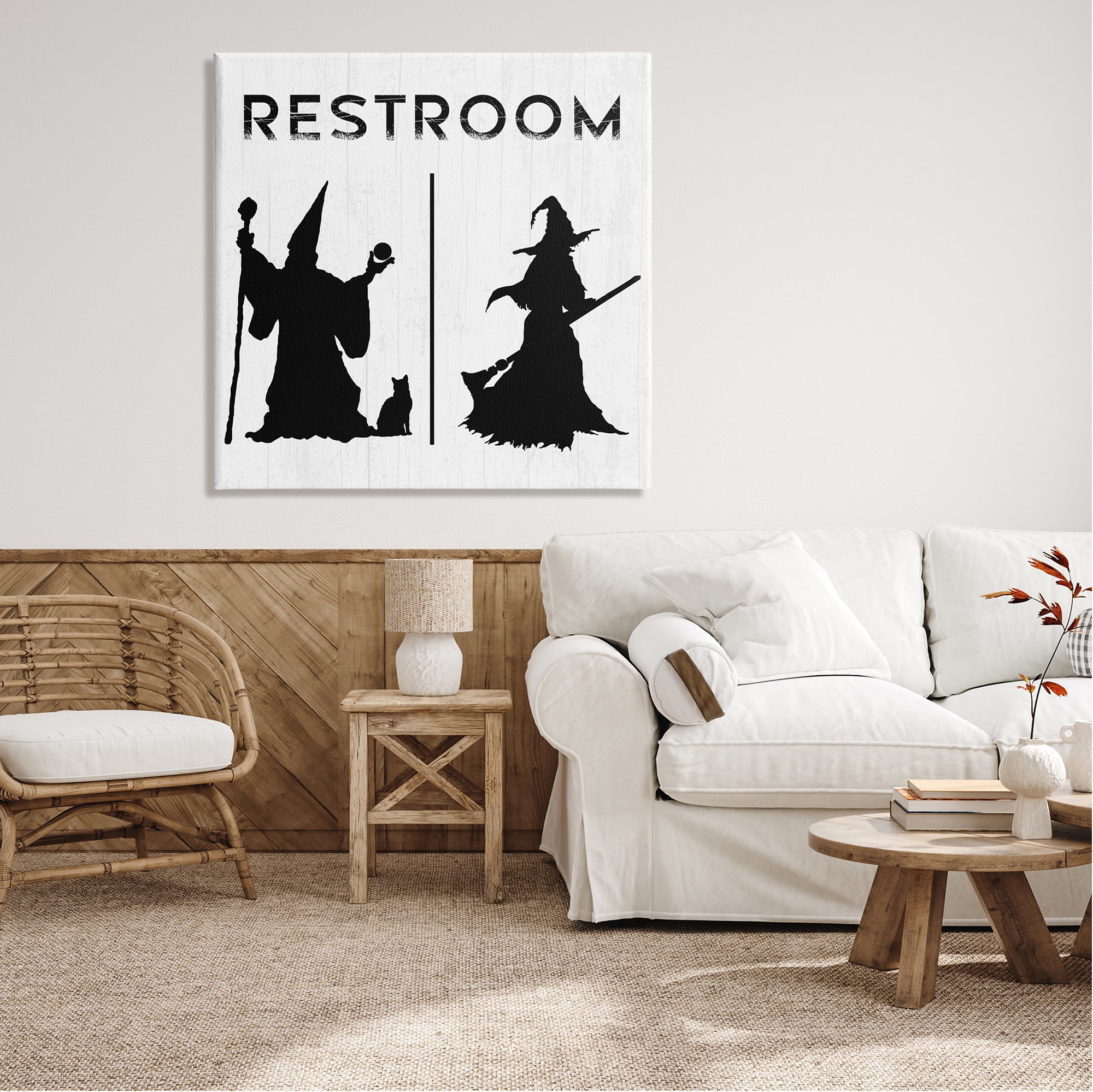 Stupell Industries Rustic Witch & Wizard Halloween Restroom Sign Graphic Art Gallery Wrapped Canvas Print Wall Art, Design by Daphne Polselli