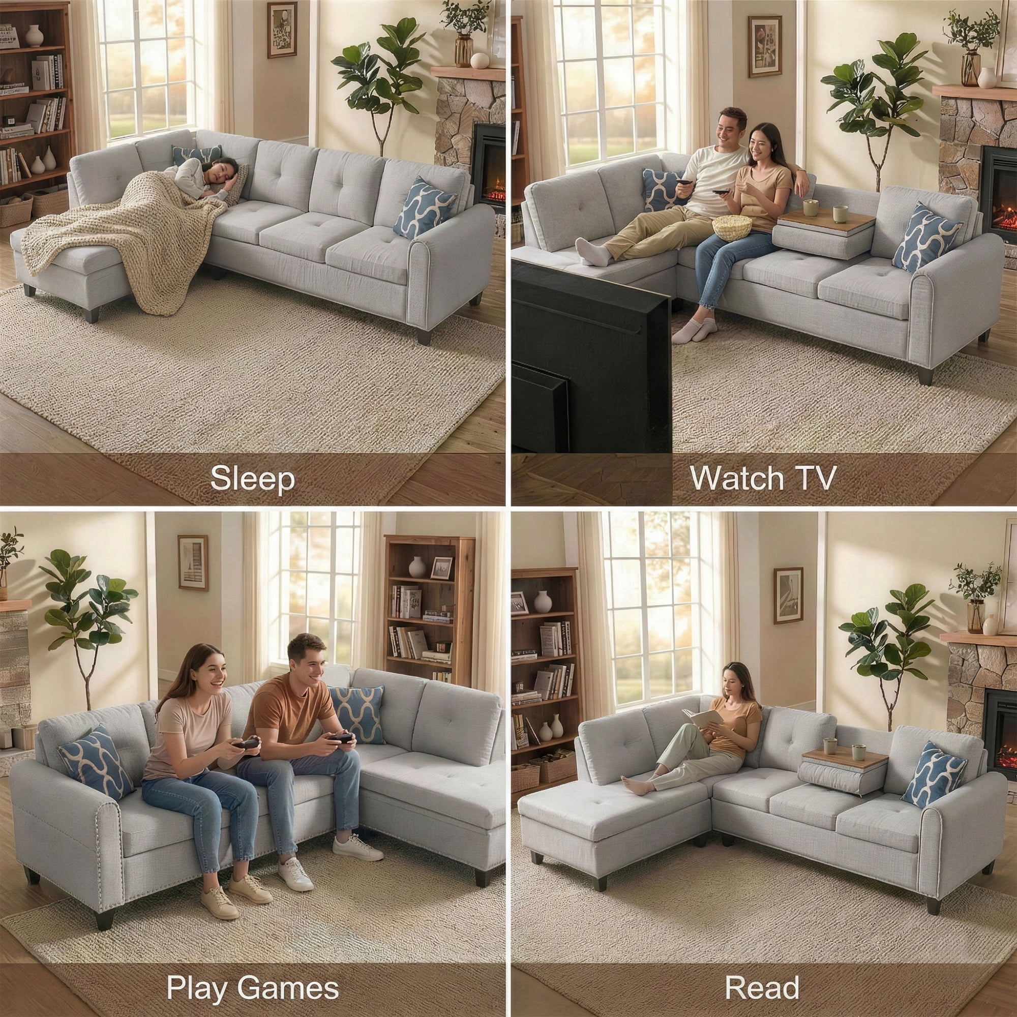 AENKYO 98" L-Shaped Upholstered Sectional Sofa Couch with Storage & Cup Holders, Faux Leather Living Room Sofa Set, Light Gray