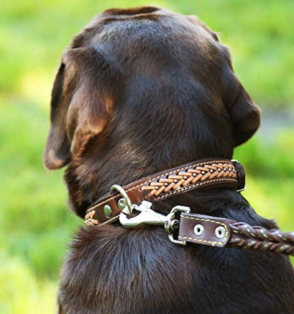 High Quality Genuine Leather Braided Studded Dog Collar, Brown 1.6" Wide. Fits 19"-24" Neck.