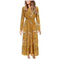 thumbnail image 1 of Gibobby Vestido casual de punto para mujer Vestido casual de mujer Vestido de manga larga con estampado floral Ruffle Flowy Temperament Vestido largo amigable(Amarillo,CH), 1 of 5