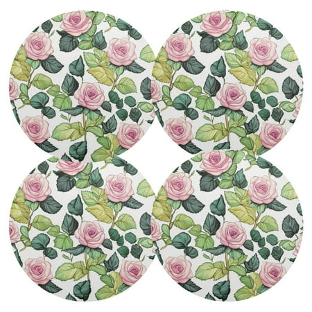 Qxltty 15inch Round Placemats Set of 4 Polyester Fabric Heat Resistant Washable Table Mat for Kitchen Party Decor Pink Rose