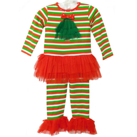 AnnLoren Girls Christmas Stripes & Tulle Cllothing Outfit