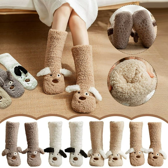 Women's Lamb Wool Warm Floor Socks - Cute Cozy Home Socks for Cold Weather, Soft Thick Plush Material, Non-Slip Bottom, Perfect for Lounging Sleeping, Comfortable Daily Wear, Coffee