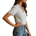 thumbnail image 4 of 2026 New Womens Casual V Neck Short Sleeve Button Down Shirts Business Casual Work Boho Tops Blouses(White,M), 4 of 7