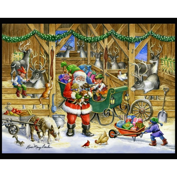 Reindeer Barn Santa Panel Cotton Fabric