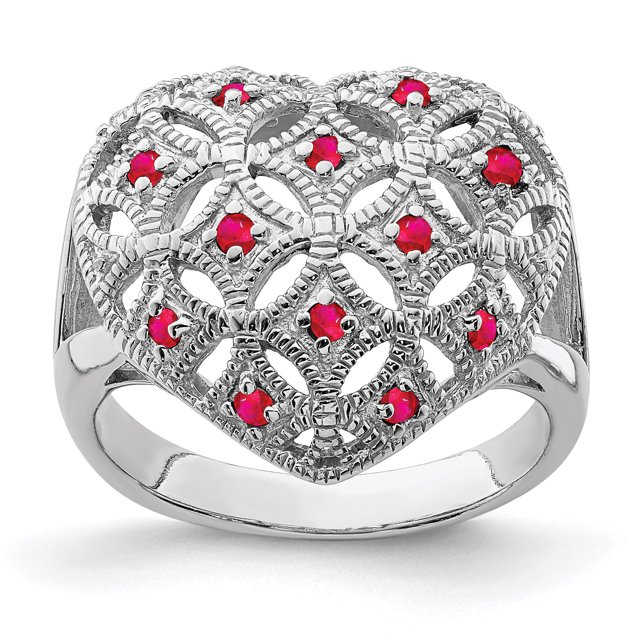 925 Sterling Silver Rhodium-plated Ruby Heart Ring