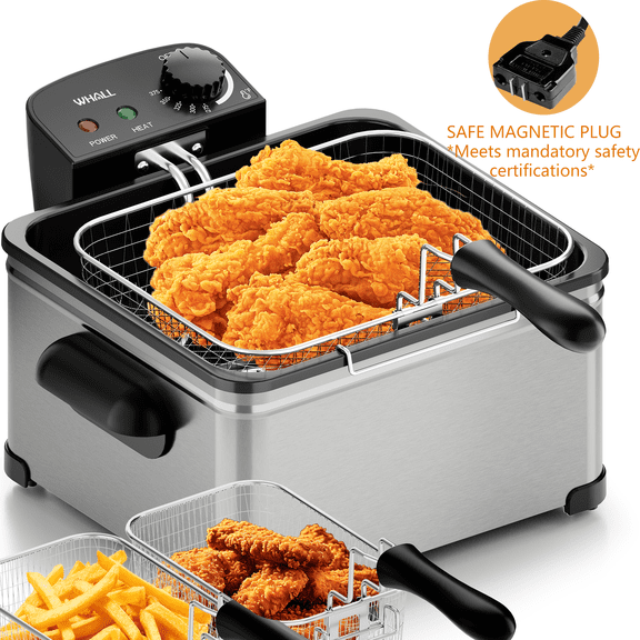 WHALL Deep Fryer with 3 Baskets, 5 L/21 Cups Oil Capacity, Temperature Control, Stainless Steel, 1700 W