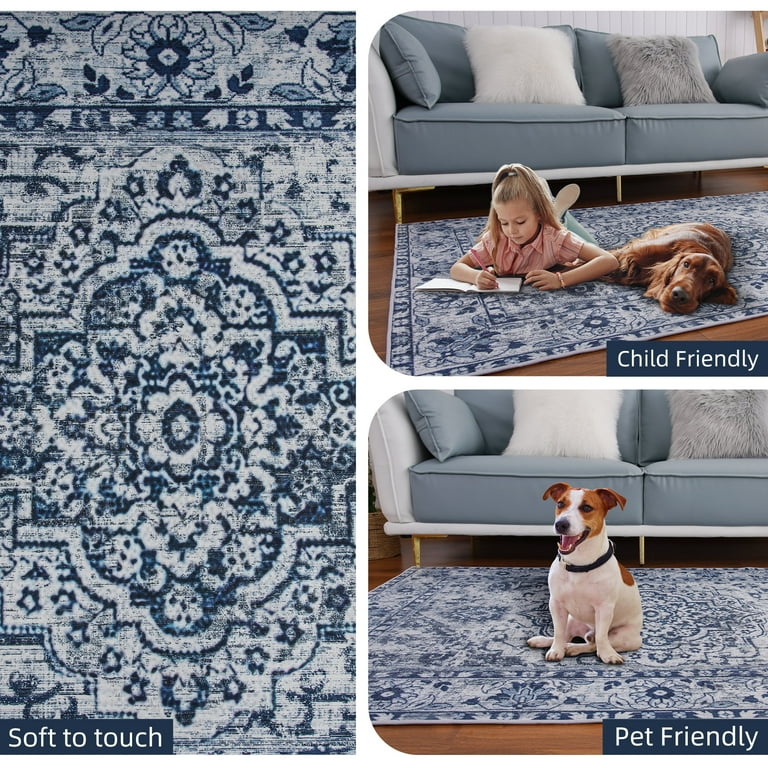 Rugland 6x9 Area Rug - Vintage Tribal Design, Stain Resistant & Machine Washable With Anti-Slip Backing (Blue/Green)