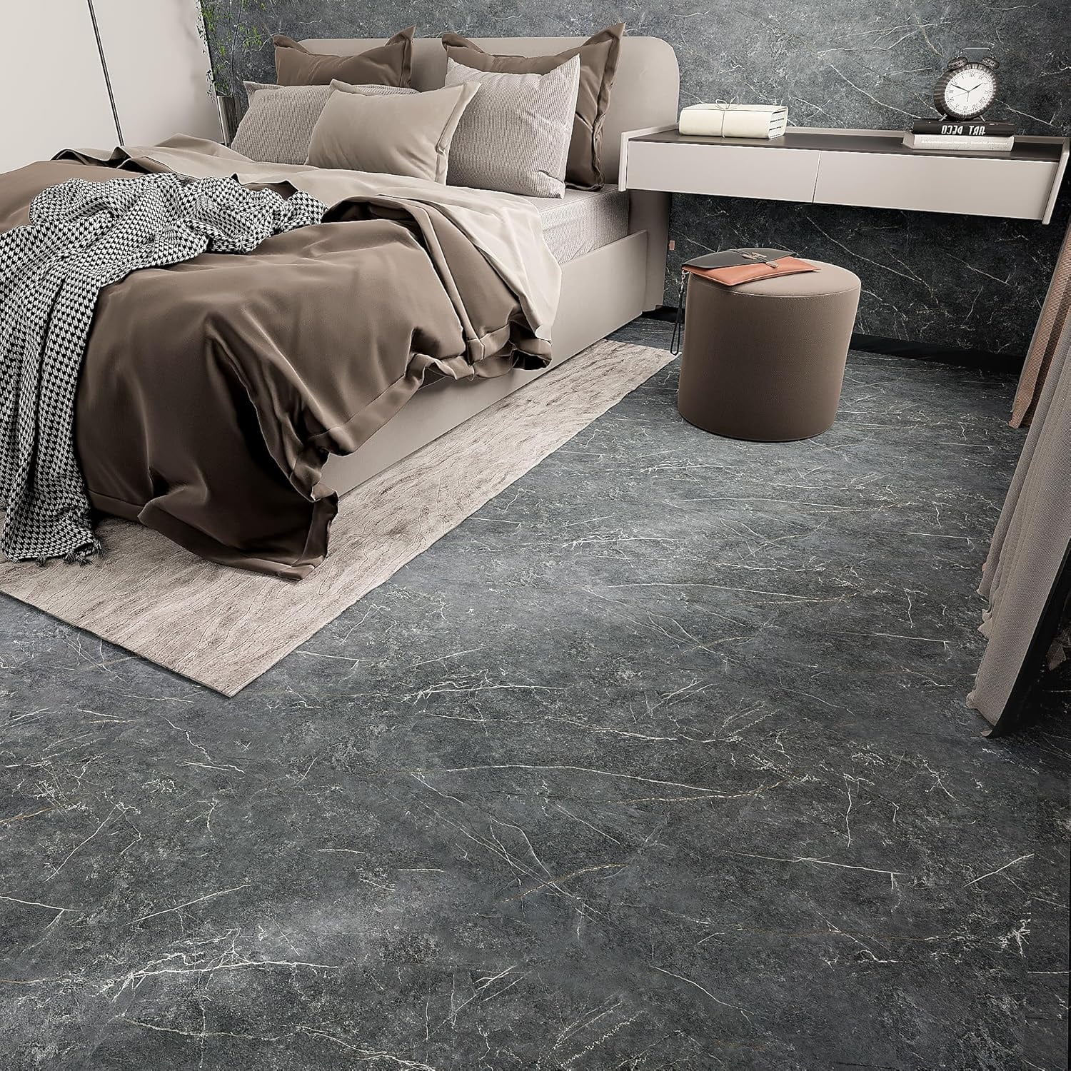 24"x591" Marble Peel and Stick Flooring Roll Vinyl Floor Tiles Waterproof Stick on Flooring Matte PVC Floor Contact Paper for Floors Dark Grey Vinyl Laminate Flooring for Kitchen Bathroom