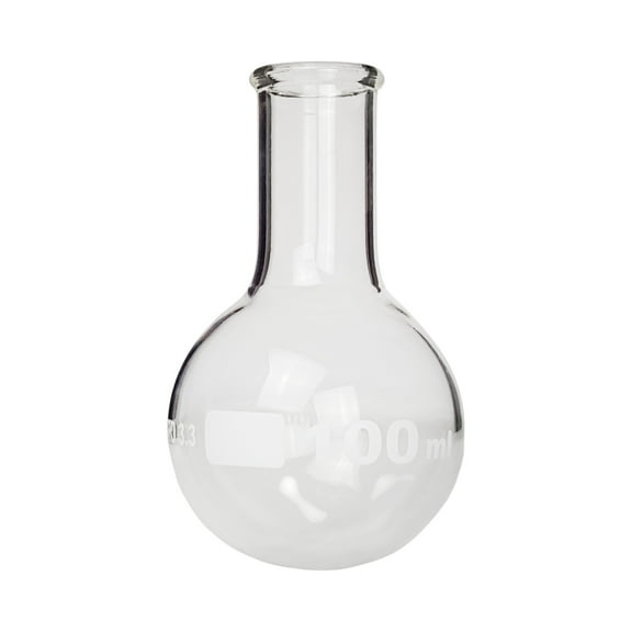 Flask Round-Bottom Florence Boiling Flask, Standard Neck, 100ml capacity. Made from Borosilicate Glass. A good fit for any laboratory, science classroom, or homeschool.