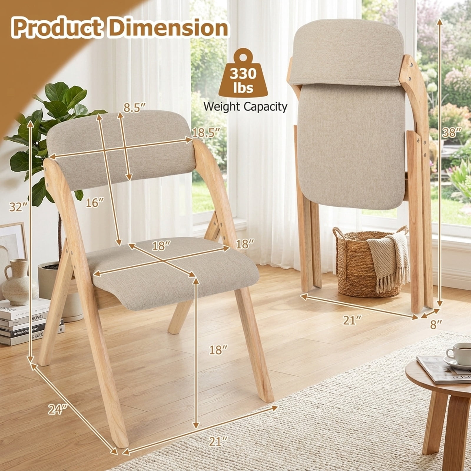 Furnibear Folding Dining Chairs Set of 2 with Cushion for Kitchen Dining Room Living Room Home, Beige