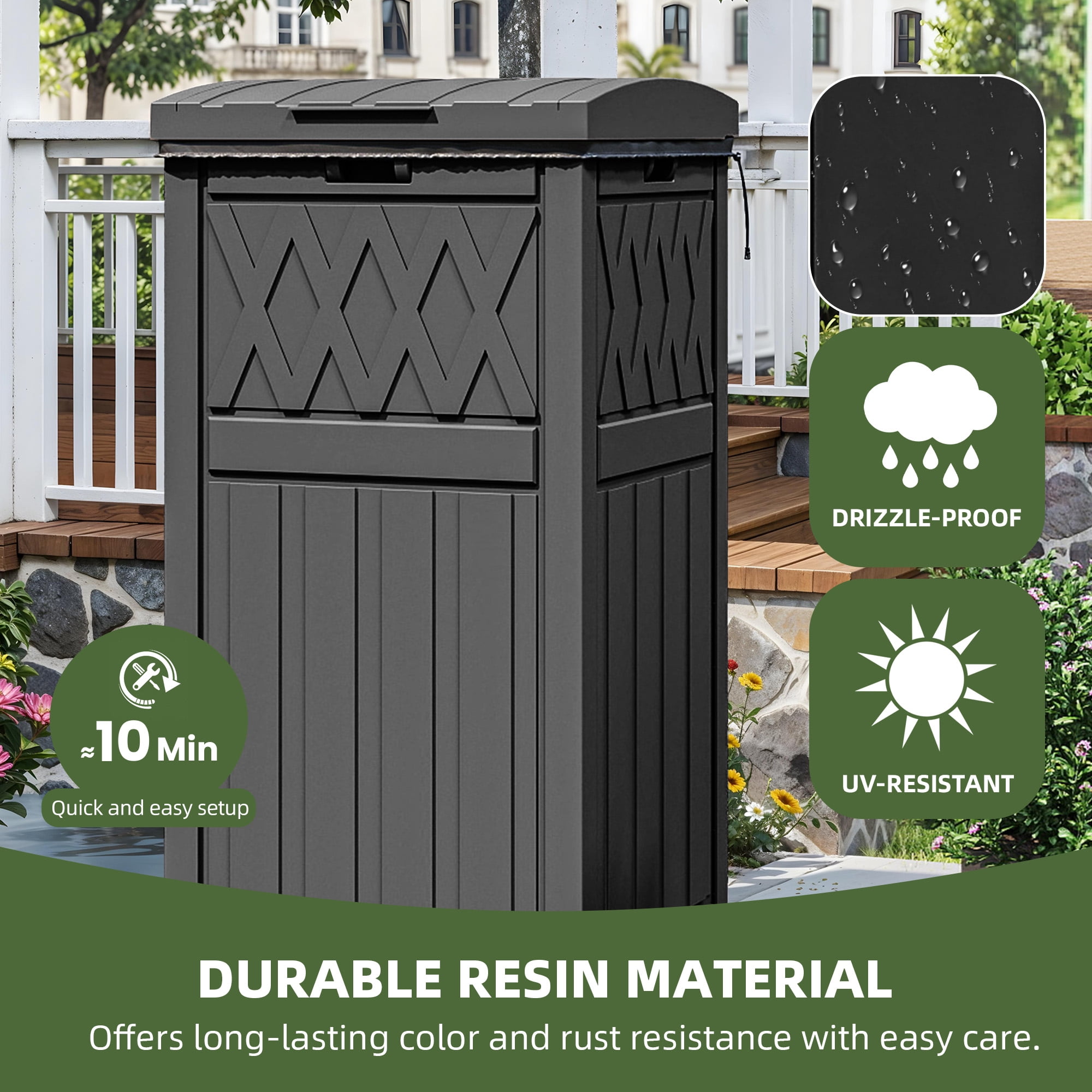 Uforic 31 Gallon Large Outdoor Trash Bin, Waterproof Resin Garbage Can with Lid & Drip Tray, Waste Container,for Porch, Backyard, Black