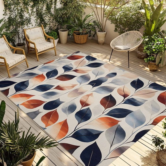 Navy Blue Burnt Orange Botanical Outdoor Rug 5x8 Ft - Reversible Patio Rug Outdoor Camping Rugs, Vintage Leaves Washable Indoor Outdoor Area Rugs, Non-Slip Outdoor Carpet Runner for Deck/Porch