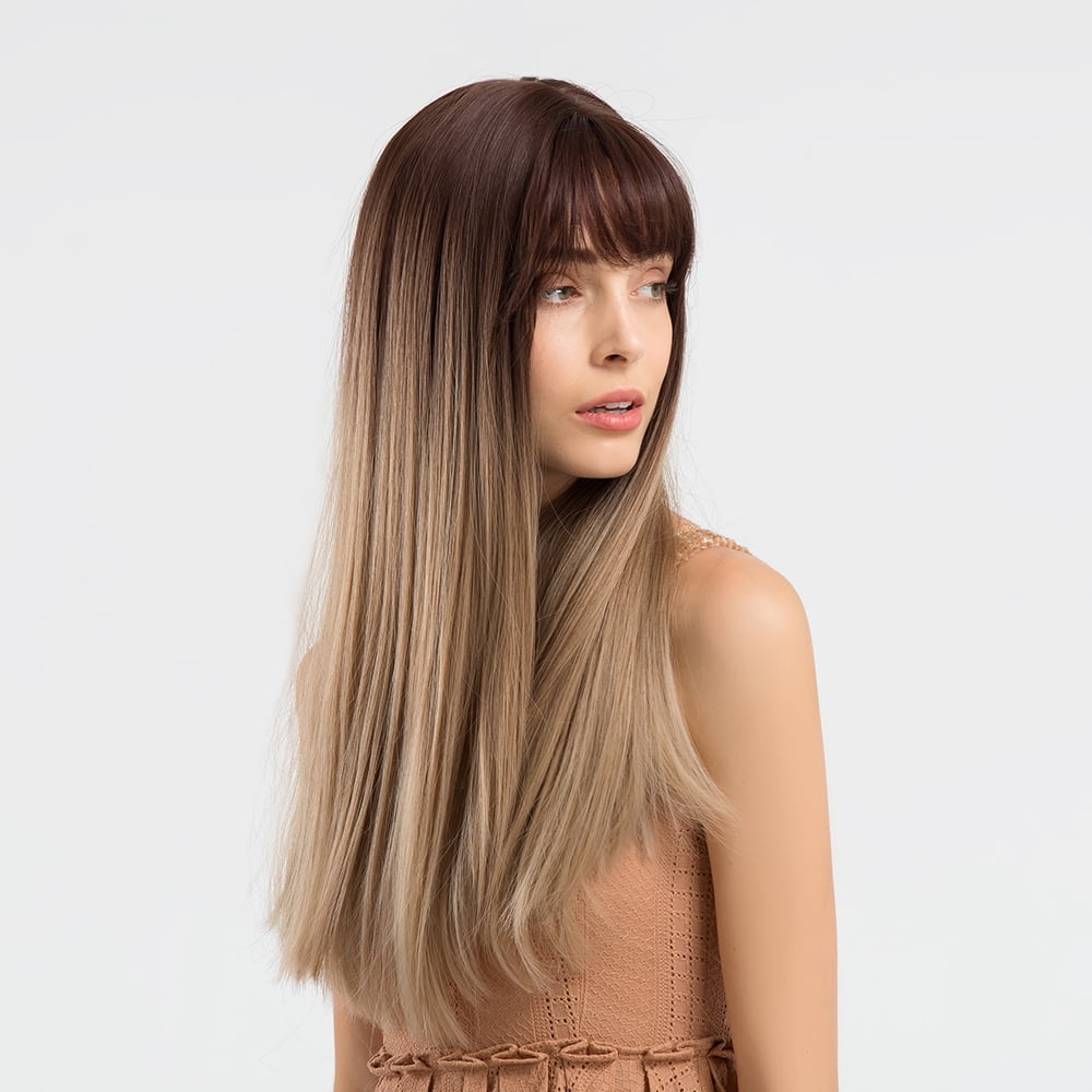 BERON Ombre Light Brown Wig Long Straight Wig Heat Resistant Hight Density Synthetic Wigs for Girls Party or Daily Use Wig Cap Included
