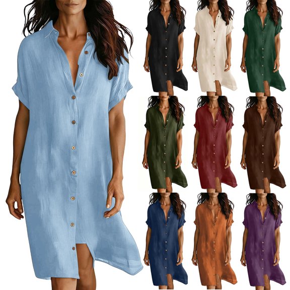 Noric Women's Collared Short Sleeve Midi Shirt Dresses Button Front Loose Fit Casual Solid Cover Up Dresses for Beach Vacation Daily
