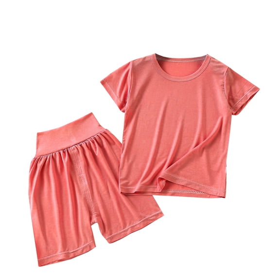 YunPes Toddler Kids Solid Loungewear Sets Crewneck Short Sleeve Tees High Waist Elastic Shorts Sets Summer Casual 2PC Outfits