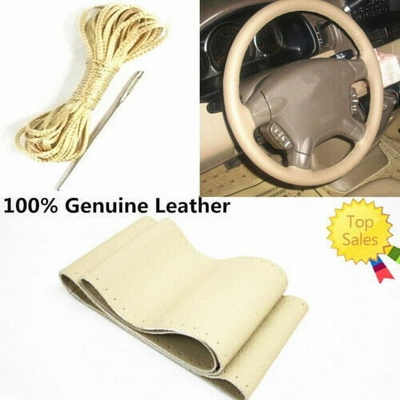 IVBDQV 15" DIY Steering Wheel Cover Genuine Leather Beige for Ford F150 04-21 F250/F350