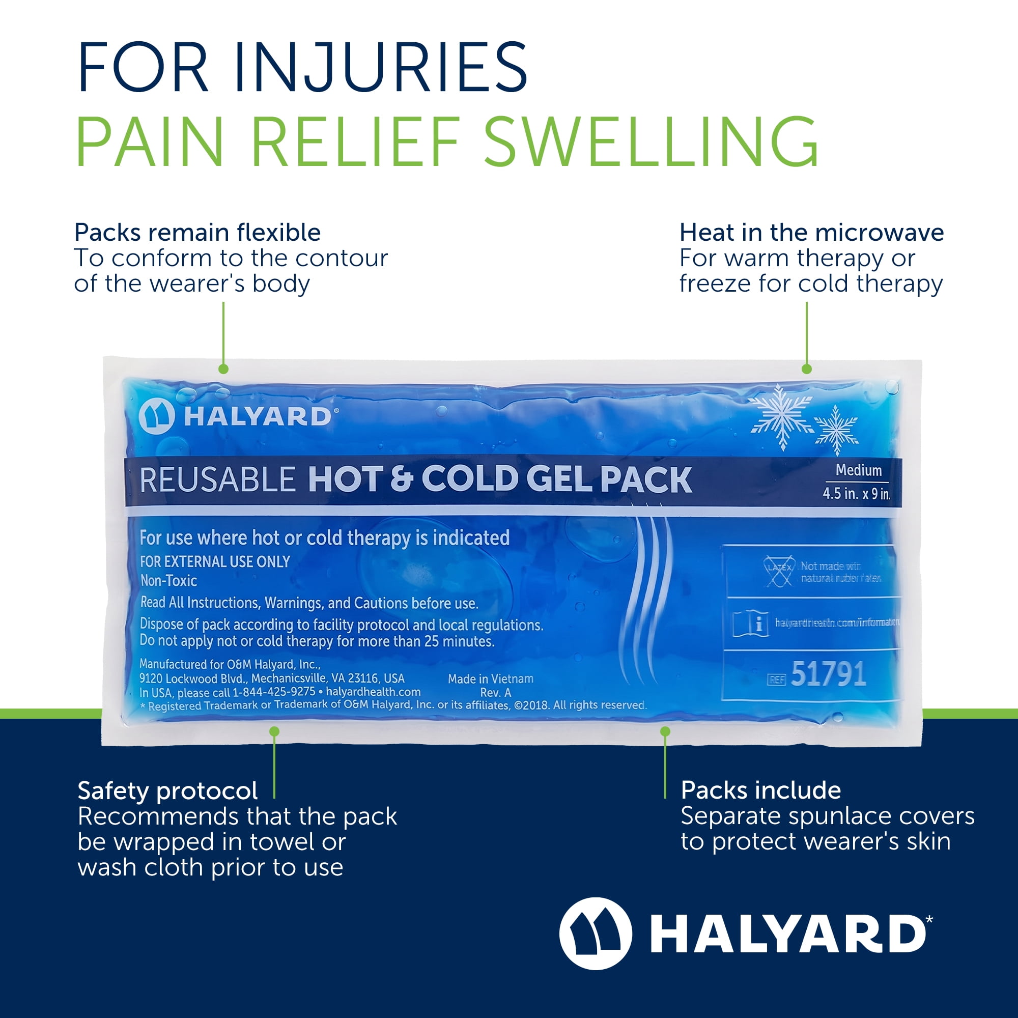 HALYARD Reusable Hot and Cold Gel Compression Packs for Injuries Pain Relief Swelling 4.5 x 9 Inches, Case of 24 - 51791