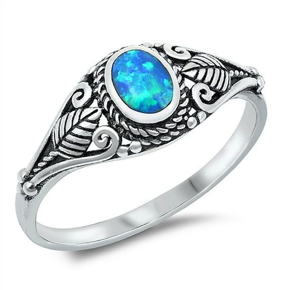 Oval Blue Simulated Opal Center Swirl Leaves Ring Sterling Silver Size 7