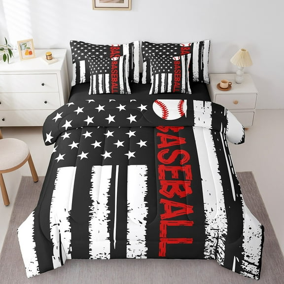 Baseball Bed in a Bag 7 Pieces American Flag Bedding Set, Sports Theme Twin Size Comforter Set Vintage Grunge Stripe Bedding Comforter Sets, Ball Game Bed Set Gamer Decor