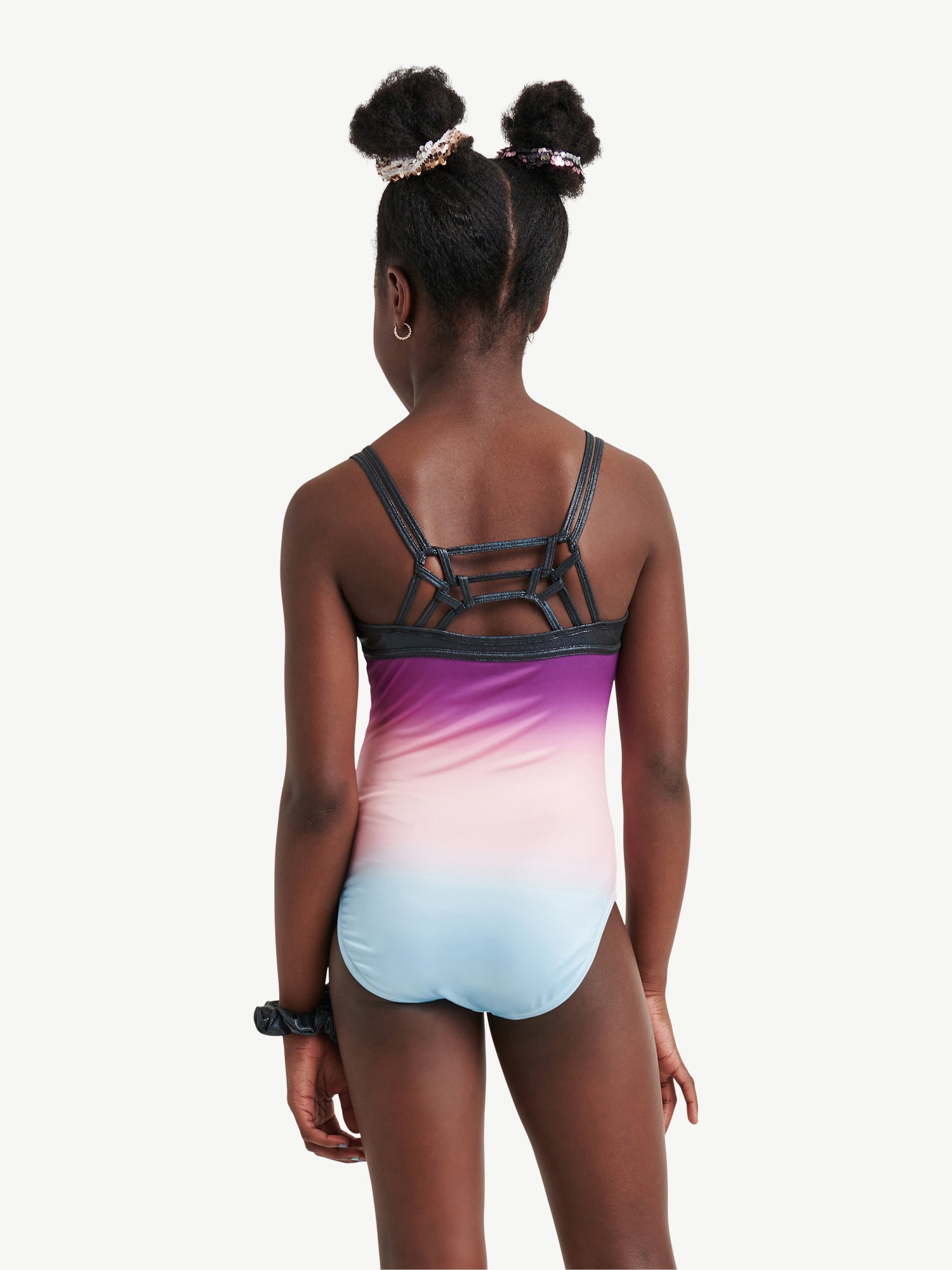 Justice Little Girls Purple Comfort Fit Full Coverage Leotard with Hair Scrunchie, Extra Large