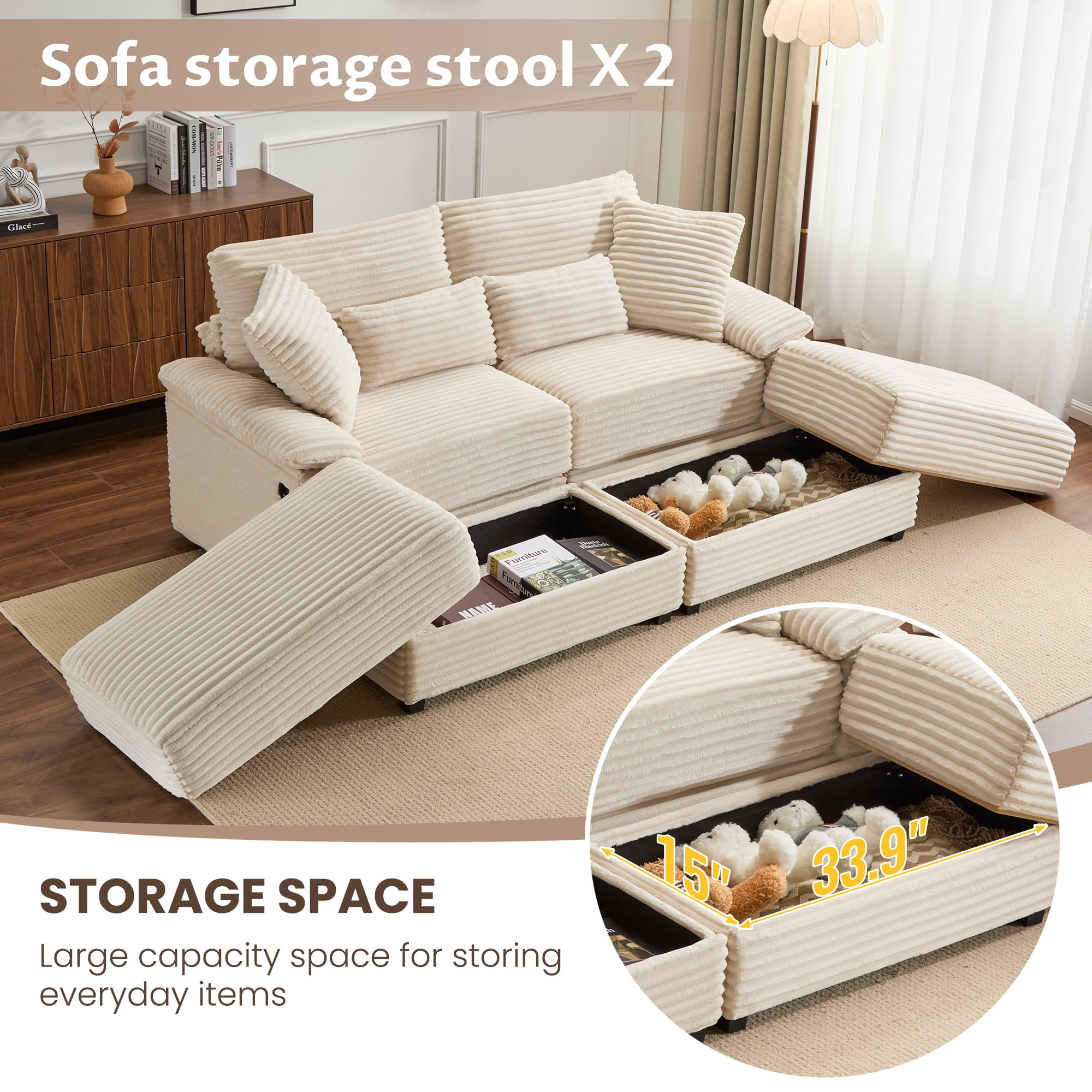 Alvantor 74" Sofa Loveseat with Reversible Ottoman & USB Port Corduroy Chaise Couch for Living Room Beige