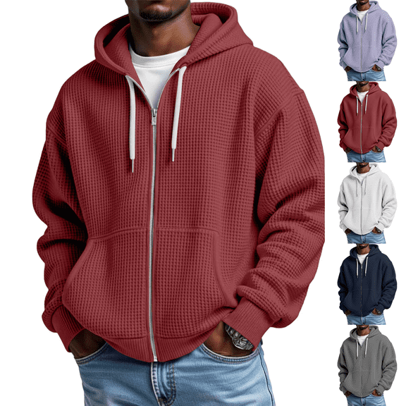 Waffle Hoodie Men Full Zip Sweatshirt Hooded Cardigan with Pocket Loose Fit Drawstring Athletic Jackets Wine M
