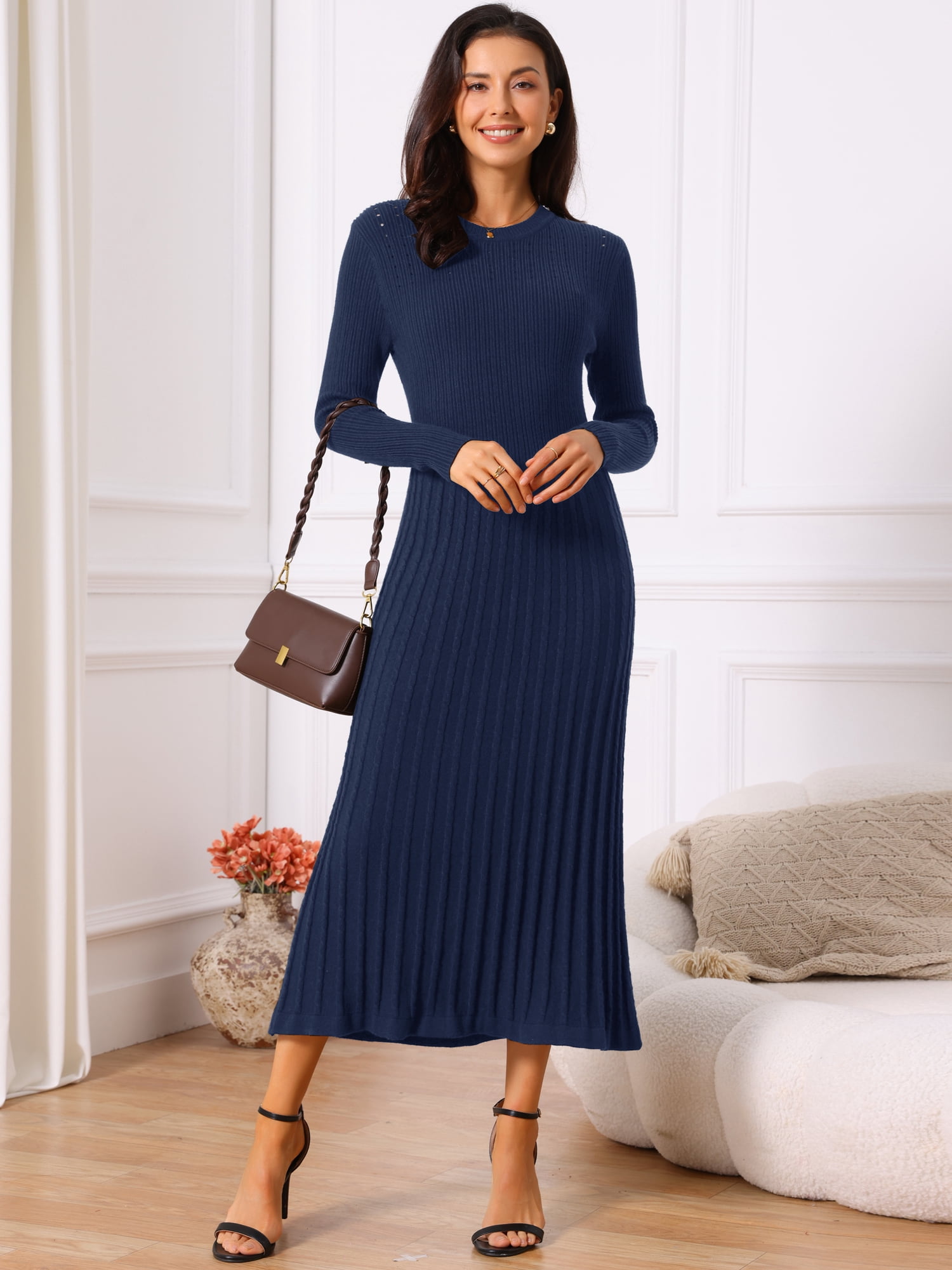 DARING DIVA Women's Long Sleeve Sweater Fall Crewneck Ribbed Knit Dress S Dark Blue