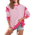 thumbnail image 2 of Lenpel Women's Crew Neck Sweatshirts Long Sleeve Striped Color Block Side Split Pullover Tops Loose Fashion Outfits, 2 of 7