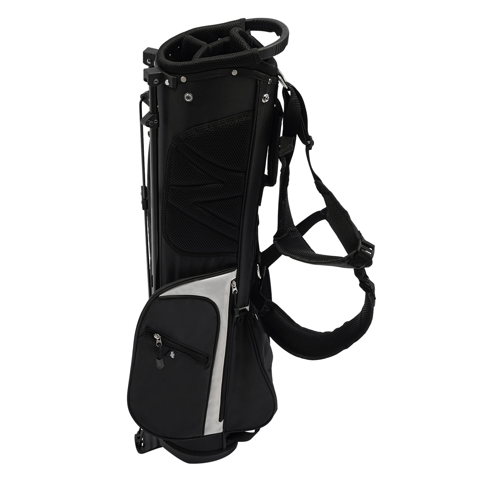 ToppiJoy Portable Golf Stand Bag Lightweight with 3 Dividers & 5 Pockets, Adjustable Shoulder Strap, Stable Stand for Driving Range, Par 3 & Executive Courses(Black+White)