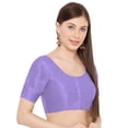 thumbnail image 2 of eloria Women's Art Silk Top Short Sleeve Blouse Deep Neck Top Sari Accessories Color: Viloet | Size: 32, 2 of 5
