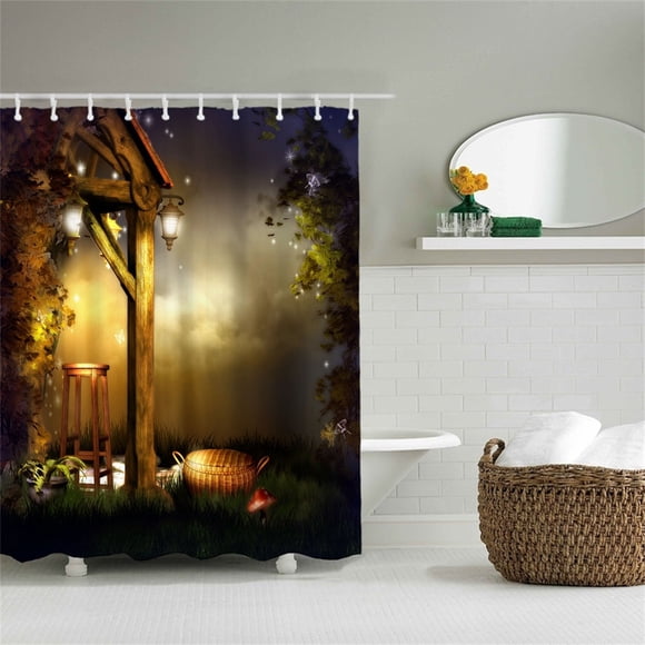 Fabric Bath Curtain House Lamp High Stool Basket Red Mushroom Dark Light Glowworm Washable Printed Curtain Bathroom Decor Waterproof Polyester Accessories Bath Curtain Green