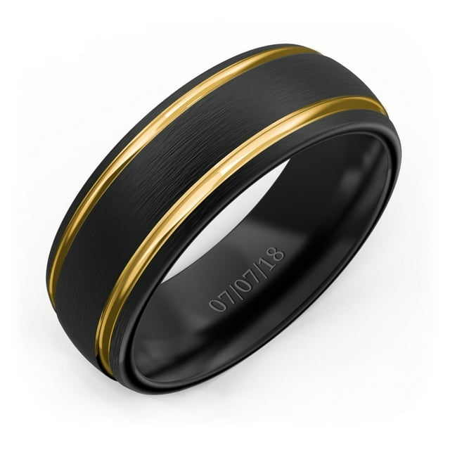 Men's Black Tungsten Ring with 18K Yellow Gold Detailing