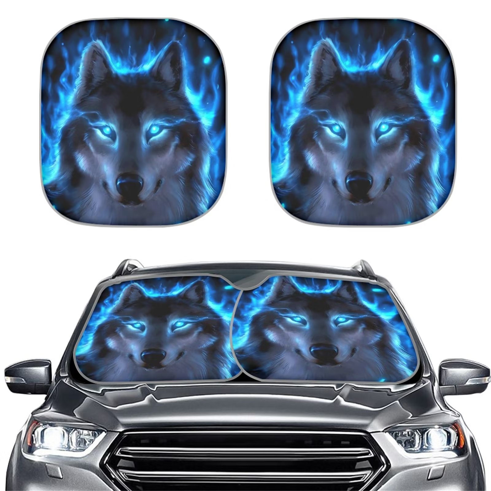 FKELYI Blue Flame Wolf 2 Packs Car Sunshade Car Protections Foldable