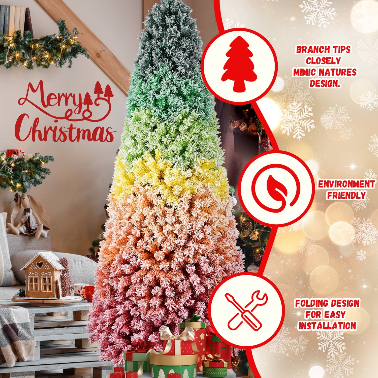 6ft Rainbow Gradient Flocked Christmas Tree 1326 Tips Metal Stand Unique Holiday Decor