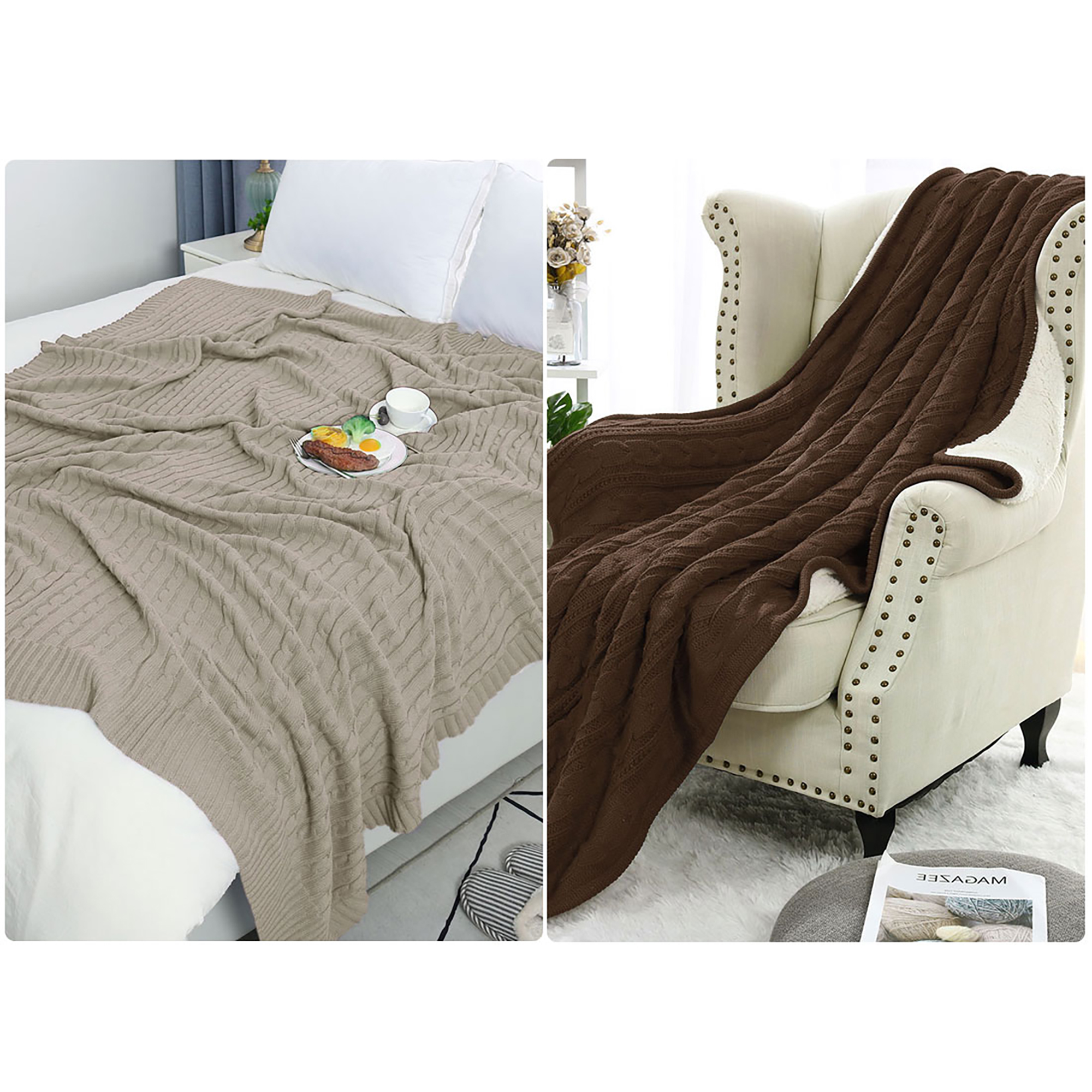 Cable Knit Sherpa Throw Blanket Sofa Home Decor 100 Cotton Knit Cotton