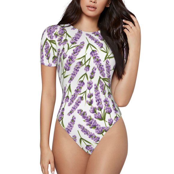Bingfone Justaucorps à Col Rond Motif Fleurs de Lavande pour Femmes, Manches Courtes à Boutons-Pression, Adapté pour Fête, Sport, Usage Quotidien-Petit