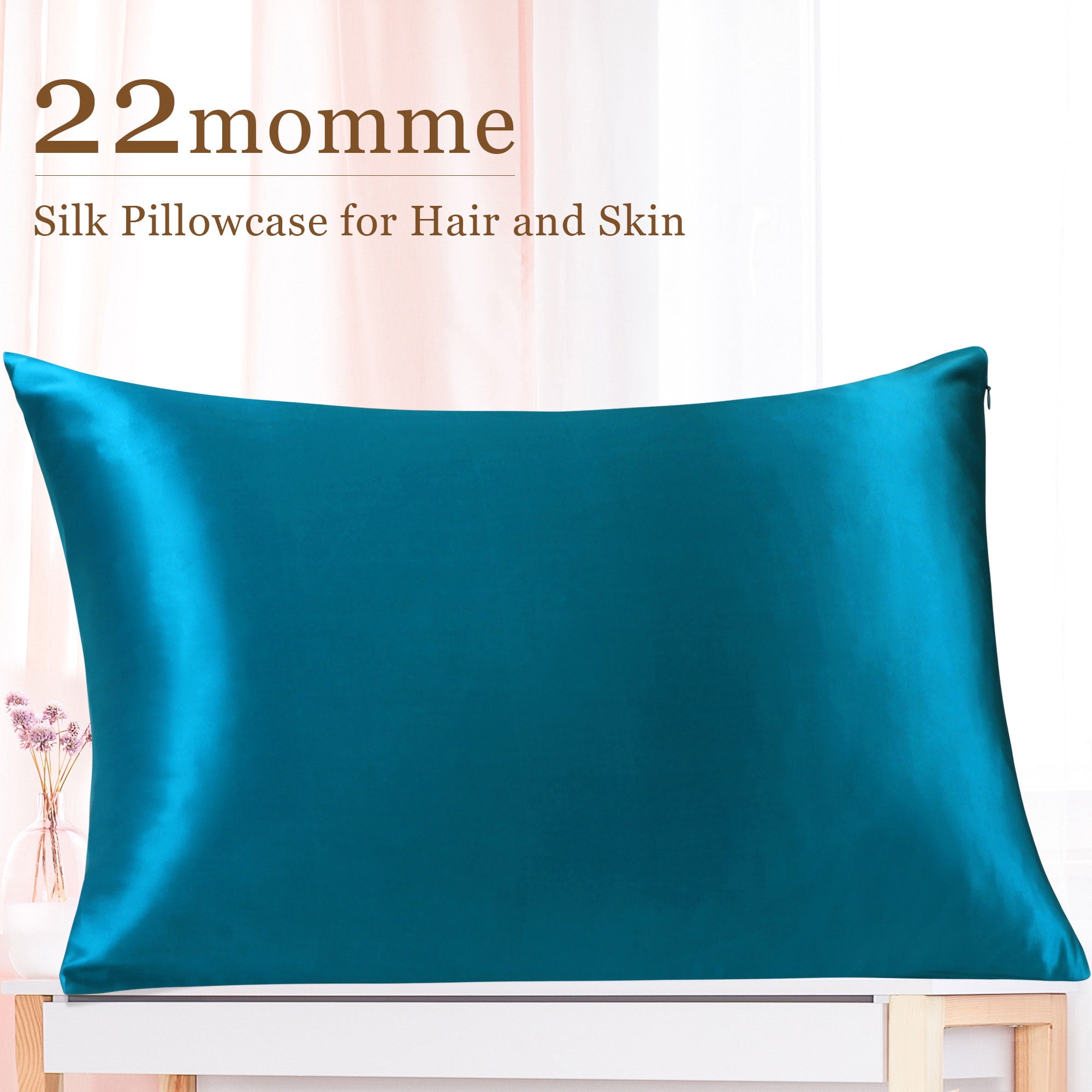 REGALWOVEN Silk Pillowcase Travel Silk Pillow Cover for Hair and Skin with Zipper Closure, Peacock Blue 14" x 20"