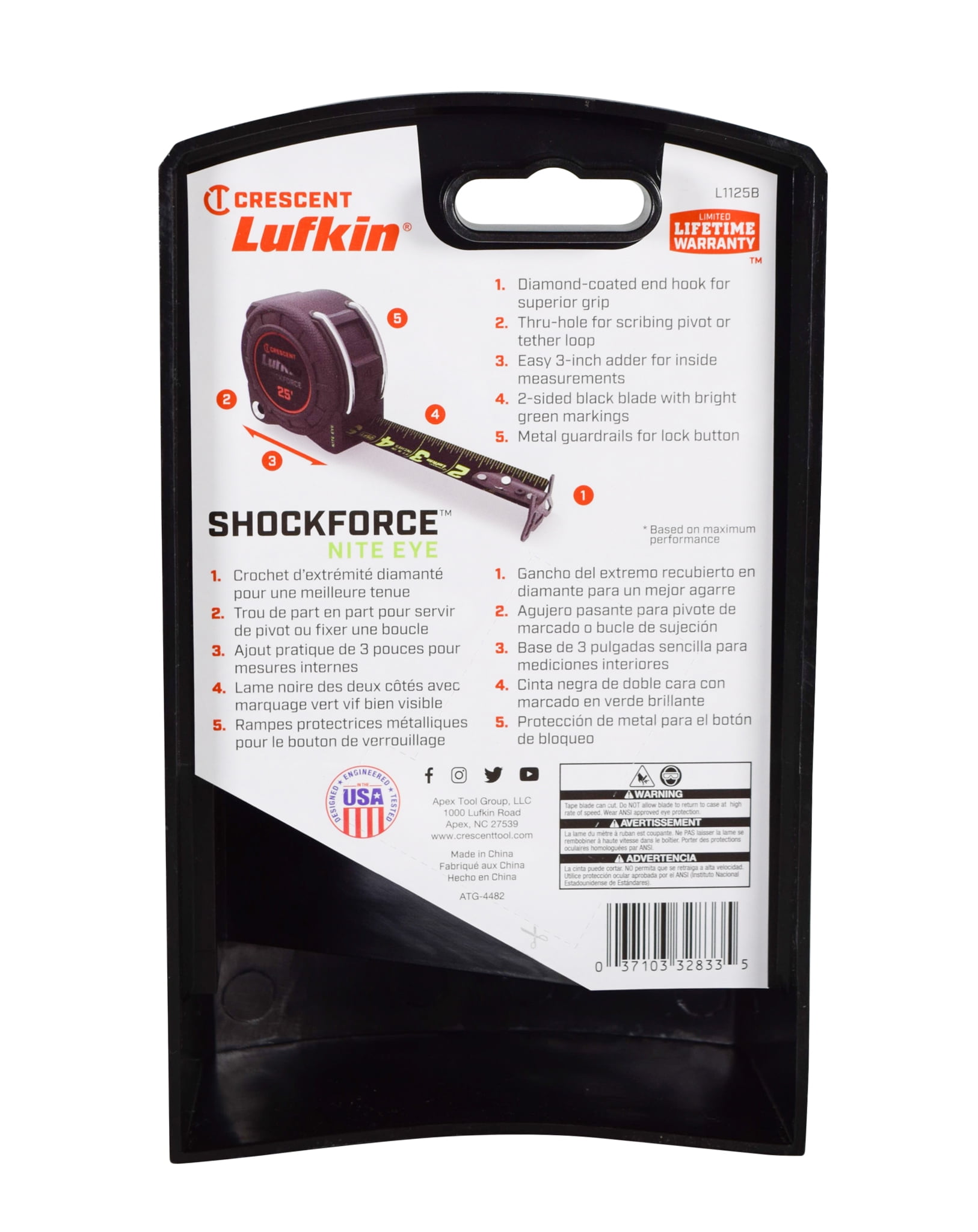 Lufkin L1125B 1-3/16" x 25' Shockforce Nite Eye Dual Sided Tape Measure