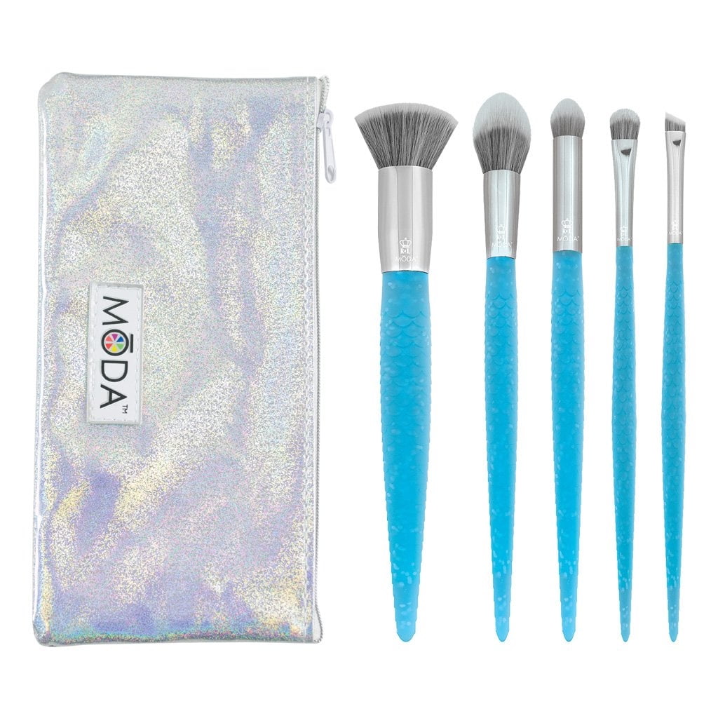 MODA Brush Mythical Blue Fire 6pc Makeup Brush Set with Holographic Zip Case, Includes - Accentuate,  Shader, and Super Crease Brushes