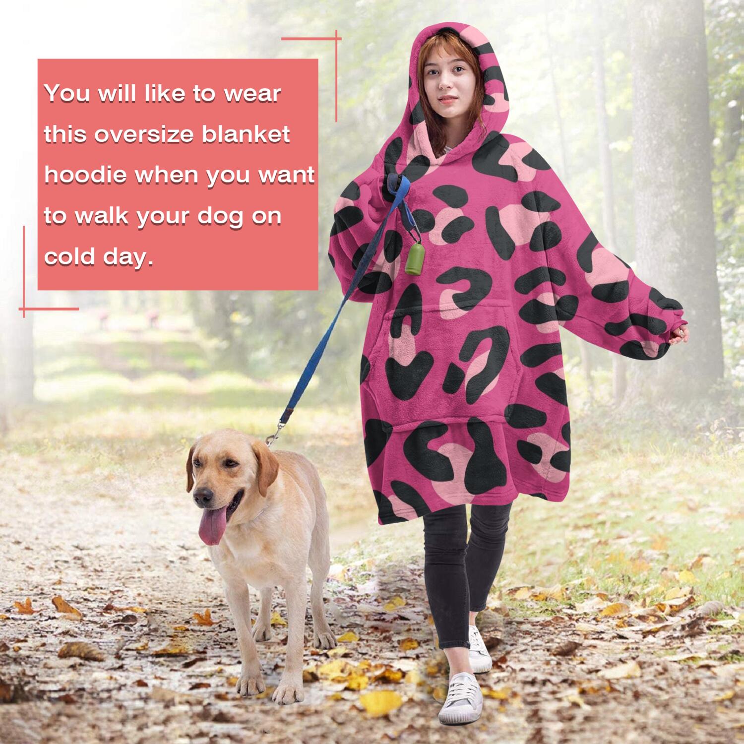 Pink and Black Of Leopard Print Wearable Oversized Blanket,Wearable Blanket Hoodie for Adults,Cozy Hooded Blankets with Super Pockets,Super Warm Fuzzy Pullover for Women & Men