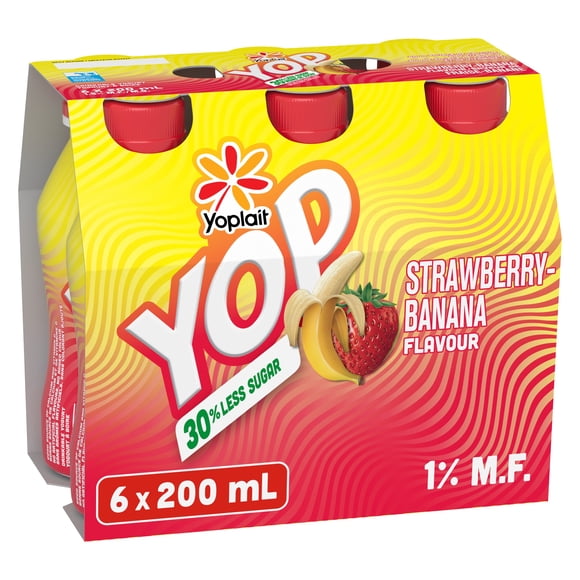Yoplait Yop Drinkable Yogurt 1.5%, Strawberry Banana, Kids Snack, 6X200ML