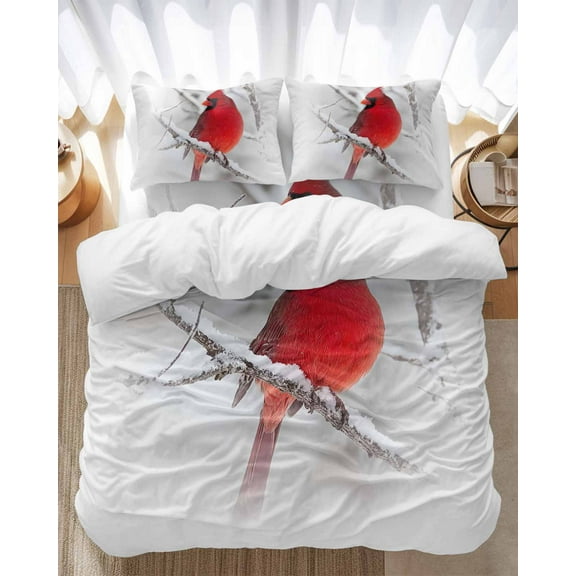 Cardinal Bird Bedding Duvet Cover Set Twin Size 4 Pieces Christmas Winter Soft Twill Plush Quilt Cover, Include 1 Duvet Cover 1 Flat Sheet And 2 Pillow