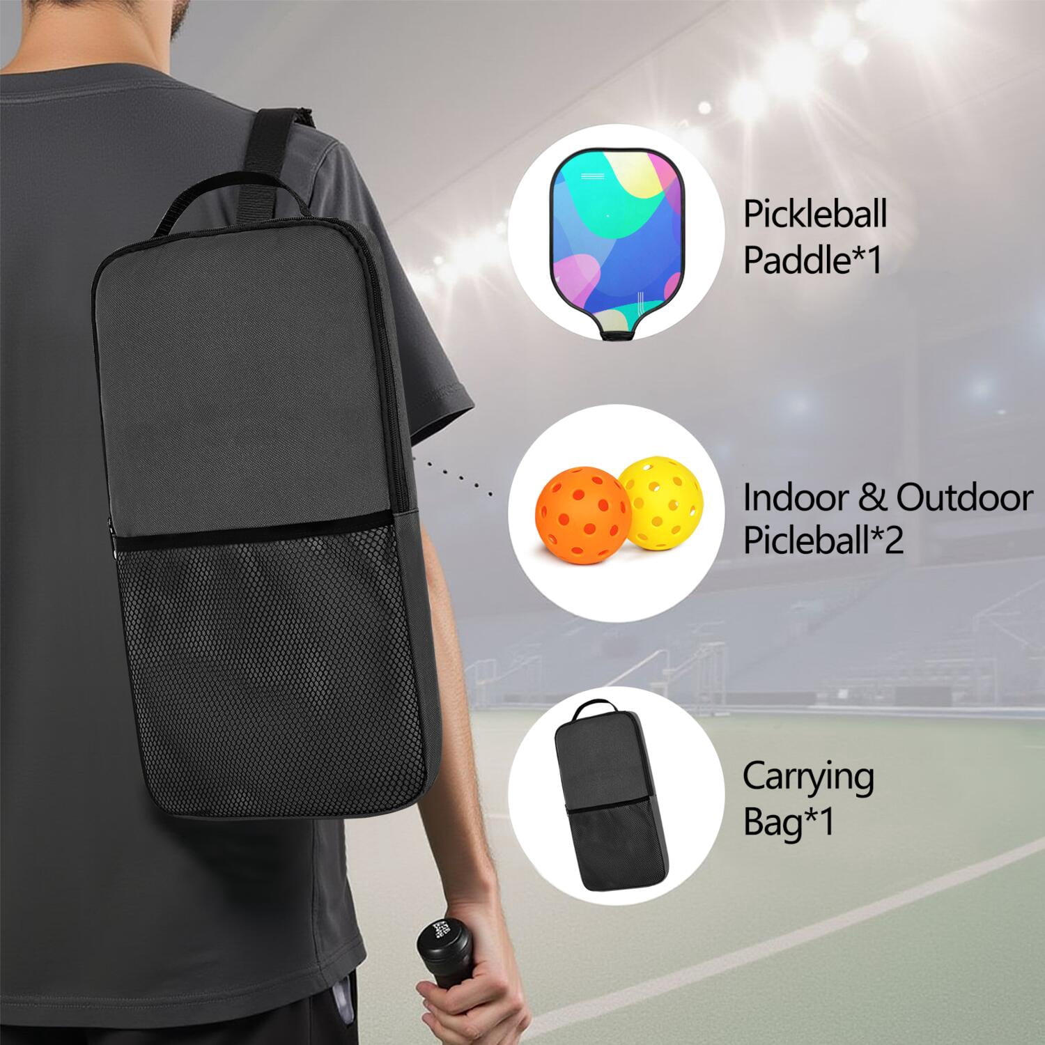Pickleball Paddles Set Of 1, Fiberglass Surface, Neon Fluid Print, 1 Paddle, 2 Balls & Bag